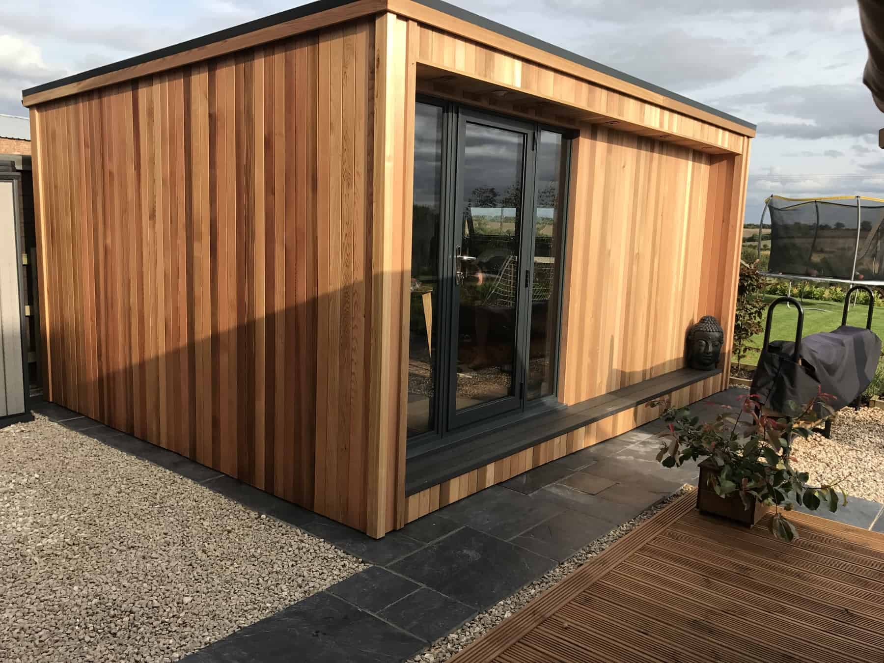 5m x 3m cedar clad home office, with anthracite aluminium door.
